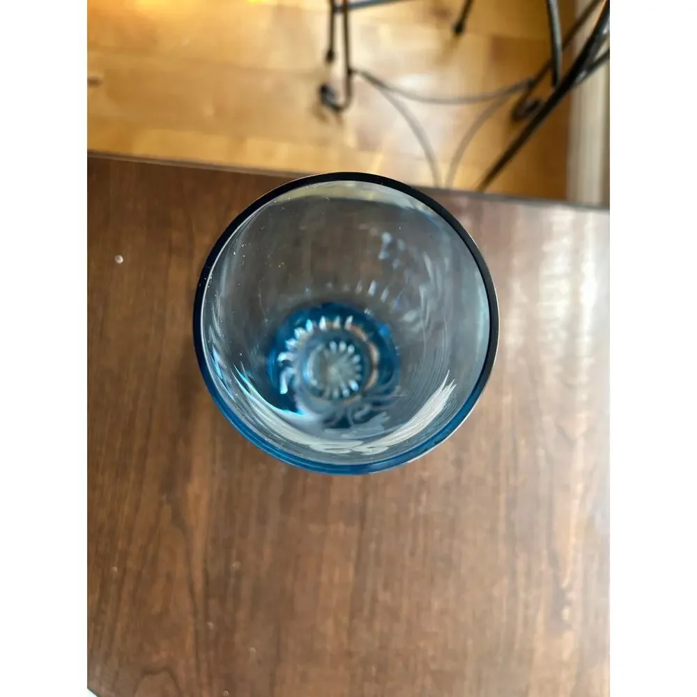 New Vintage blue cut to clear glass bud vase etched swans